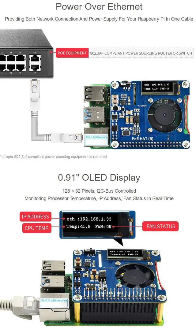 Alt view image 4 of 5 - Waveshare PoE HAT (B) Power Over Ethernet HAT Supports Raspberry Pi 3B+ and 4B, 802.3af PoE Network