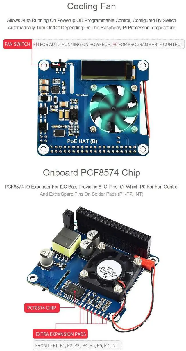 Alt view image 5 of 5 - Waveshare PoE HAT (B) Power Over Ethernet HAT Supports Raspberry Pi 3B+ and 4B, 802.3af PoE Network