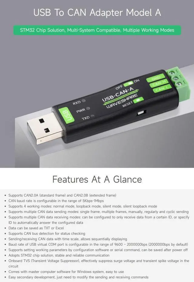 Alt view image 3 of 5 - Waveshare USB to CAN Adapter Model A, STM32 Chip Solution, Multiple Working Modes, Multi-System Compatible