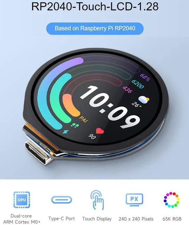 Alt view image 2 of 5 - waveshare RP2040-Touch-LCD-1.28 Based on Raspberry Pi RP2040 Board with 1.28inch Round Touch LCD, 240x240 Pixels 65K RGB Colors IPS LCD Display, Accelerometer and Gyroscope Sensor Dual-Core Processor