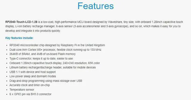 Alt view image 3 of 5 - waveshare RP2040-Touch-LCD-1.28 Based on Raspberry Pi RP2040 Board with 1.28inch Round Touch LCD, 240x240 Pixels 65K RGB Colors IPS LCD Display, Accelerometer and Gyroscope Sensor Dual-Core Processor