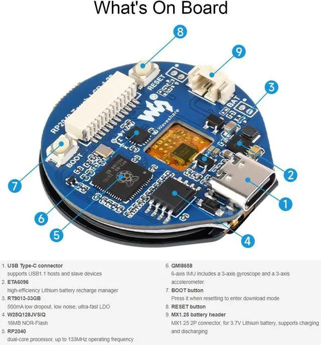 Alt view image 5 of 5 - waveshare RP2040-Touch-LCD-1.28 Based on Raspberry Pi RP2040 Board with 1.28inch Round Touch LCD, 240x240 Pixels 65K RGB Colors IPS LCD Display, Accelerometer and Gyroscope Sensor Dual-Core Processor