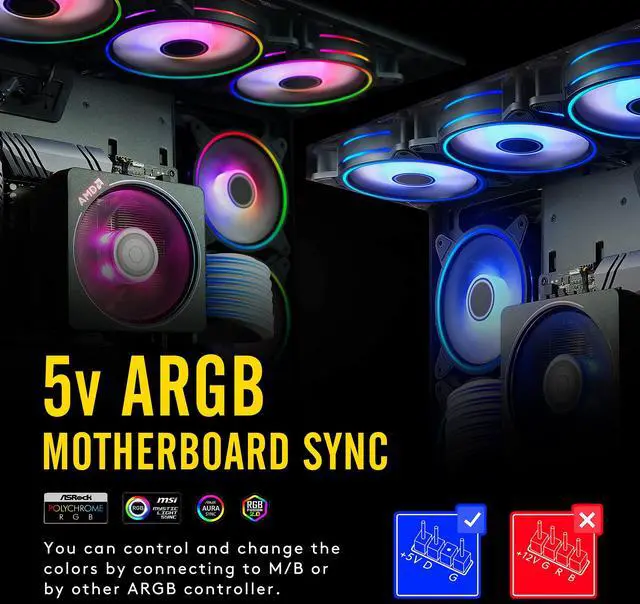 Alt view image 2 of 5 - EZDIY-FAB Moonlight 120mm RGB PWM Case Fan with RGB PWM Fan Hub,5V Motherboard Sync,ARGB Computer Fan,Multiple Light Modes-5 Pack