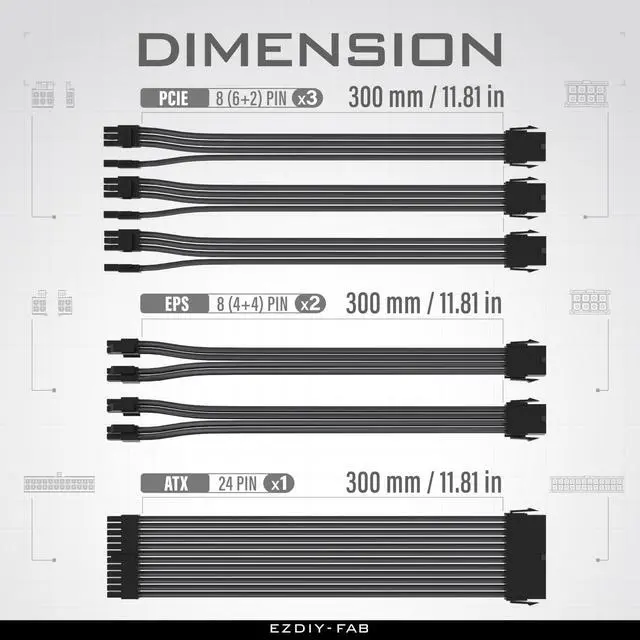 Alt view image 4 of 5 - EZDIY-FAB PSU Cable Extension Sleeved Custom Mod GPU PC Power Supply Soft Nylon Braided with Comb Kit 24PIN/3x 8PIN to 6+2Pin/ 2X 8PIN to 4+4PIN-300MM/11.8in - Black