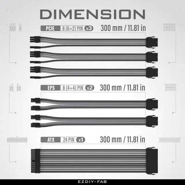 Alt view image 5 of 5 - EZDIY-FAB PSU Cable Extension Sleeved Custom Mod GPU PC Power Supply Soft Nylon Braided with Comb Kit 24PIN/3x 8PIN to 6+2Pin/ 2X 8PIN to 4+4PIN-300MM/11.9in - Black Grey