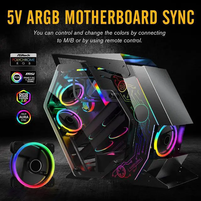 Alt view image 3 of 5 - EZDIY-FAB RGB Dual Ring 120mm Case Fans,5V Motherboard Sync,Speed Adjustable,RGB Sync Fan with 10-Port Fan Hub X and Remote-5 Pack