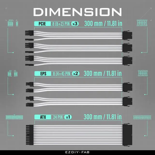 Alt view image 5 of 5 - EZDIY-FAB PSU Cable Extension Sleeved Custom Mod GPU PC Power Supply Soft Nylon Braided with Comb Kit 24PIN/3x 8PIN to 6+2Pin/ 2X 8PIN to 4+4PIN-300MM/11.8in - White