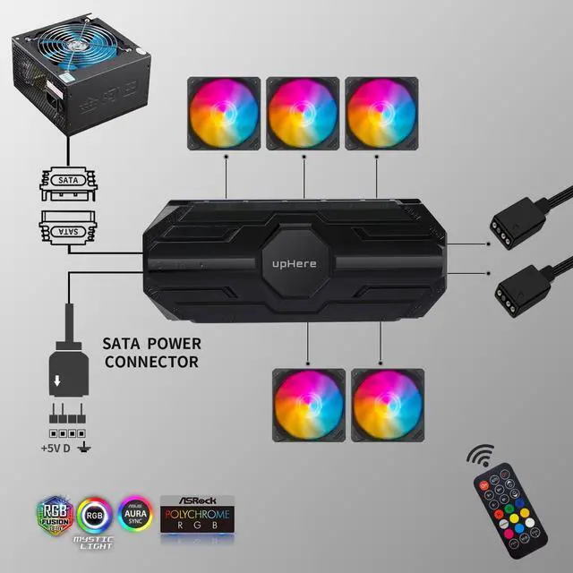 Alt view image 5 of 5 - upHere 120mm Black Computer Case Fan,Motherboard Sync Fan,High Airflow,Speed Adjustable, ARGB Fan with Fan Hub and Remote,Low Noise Hydraulic Bearing Long Life Up to 40,000 Hours-6 Pack,NK1206-6