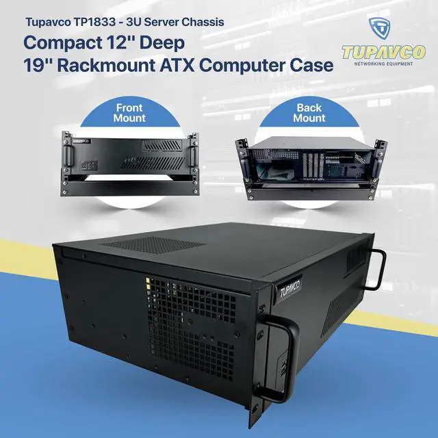 Alt view image 2 of 5 - 3U Server Chassis - Compact 12" Deep 19" Rackmount ATX Computer Case (Back or Front Rack Mount for Easy Access to Rear Components & Ports) 4 Bay 1x5.25 3x3.5; 4X Full Expansion Slots -Tupavco TP1833