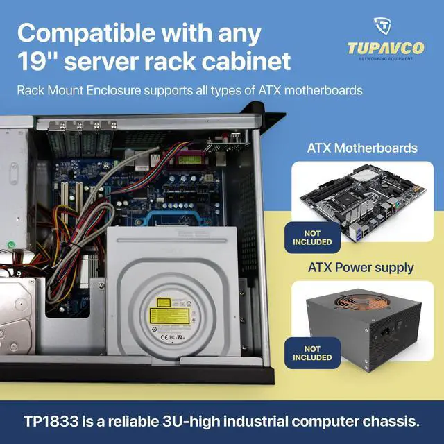 Alt view image 5 of 5 - 3U Server Chassis - Compact 12" Deep 19" Rackmount ATX Computer Case (Back or Front Rack Mount for Easy Access to Rear Components & Ports) 4 Bay 1x5.25 3x3.5; 4X Full Expansion Slots -Tupavco TP1833