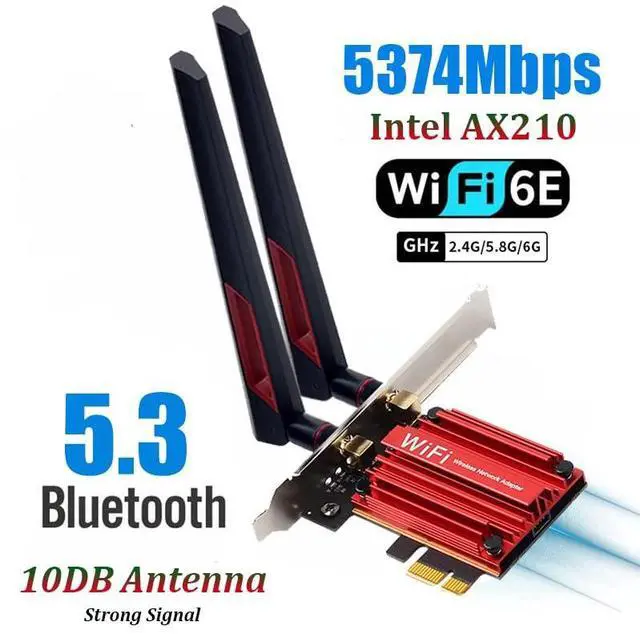 Alt view image 2 of 5 - Teday 10DB Antennas WiFi 6E PCIE Adapter Intel AX210 Bluetooth 5.3 Wireless 5374Mbps 2 in 1 Tri Band 2.4G/5G/6Ghz WiFi 6 Network Card for PC Desktop Windows 10 11