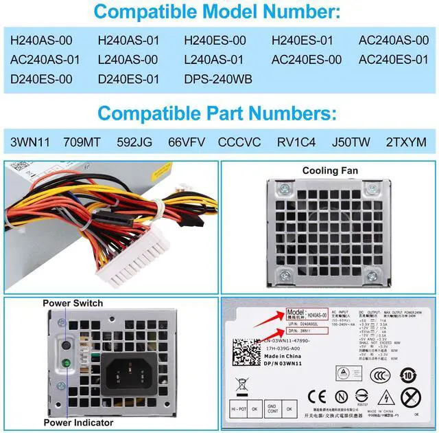 Alt view image 4 of 5 - S-Union 240W Power Supply Unit Replacement for Dell OptiPlex 390 790 960 990 3010 9010 Small Form Factor System SFF H240AS-00 H240AS-01 H240ES-00 D240ES-00 AC240AS-00 AC240ES-00 L240AS-00 PH3C2