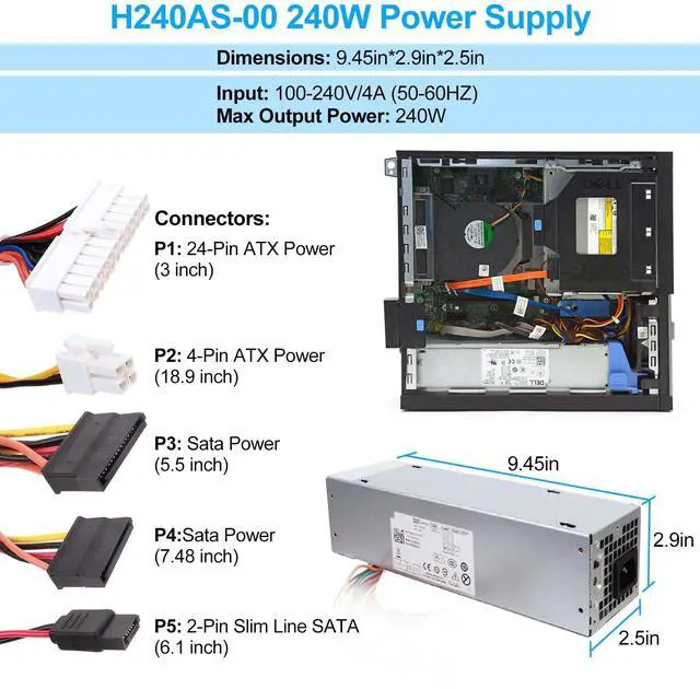 Alt view image 5 of 5 - S-Union 240W Power Supply Unit Replacement for Dell OptiPlex 390 790 960 990 3010 9010 Small Form Factor System SFF H240AS-00 H240AS-01 H240ES-00 D240ES-00 AC240AS-00 AC240ES-00 L240AS-00 PH3C2