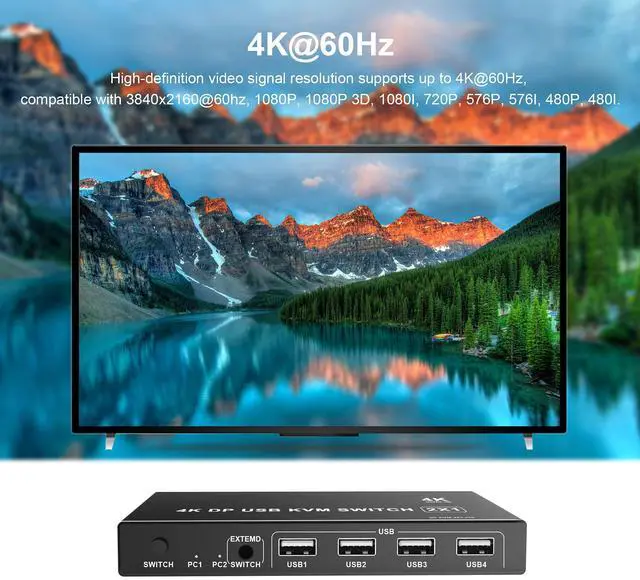 Alt view image 3 of 5 - Cateck DP Displayport KVM Switch USB 2 Port 4K, USB 2.0, 4K@60Hz,2 PC Share 1 Monitor,with 2 USB and 1 Switch Cables, Support Wireless Keyboard and Mouse