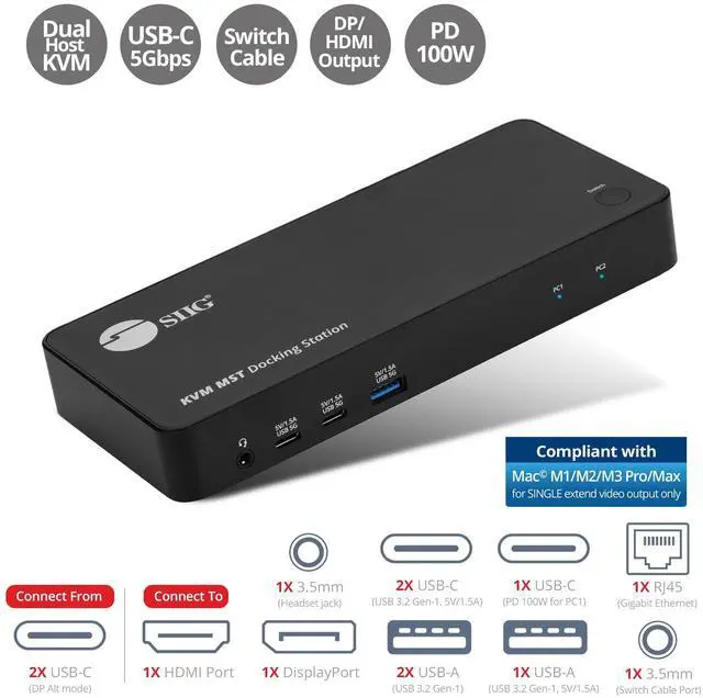 Alt view image 2 of 5 - SIIG 2-Port USB-C KVM Docking Station with PD 65W, for 2 Monitors 2 Computers, MST Technology, 1x HDMI 1x DisplayPort, Gigabit Ethernet, Headset Jack (CE-DK0111-S1)