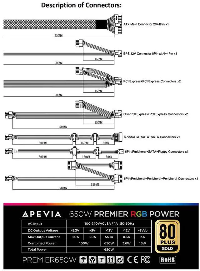 Alt view image 3 of 5 - Apevia ATX-PM650W Premier 650W 80+ Gold Certified Active PFC ATX Semi-Modular Gaming Power Supply with 366 RGB Light Modes