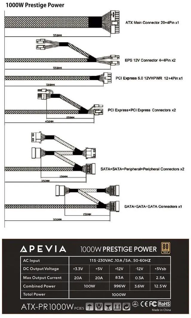 Alt view image 5 of 5 - Apevia ATX-PR1000W PCIe 5.0 & ATX 3.0 Ready Prestige 1000W 80+ Gold Certified, Gen 5 12VHPWR GPU Connector, Active PFC ATX Gaming Power Supply