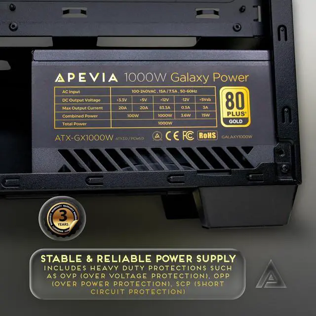 Alt view image 5 of 5 - Apevia ATX-GX1000W PCIe 5.0 & ATX 3.0 Ready Galaxy 1000W 80+ Gold Certified, Gen 5 12VHPWR Connector, Active PFC ATX Semi-Modular Gaming Power Supply