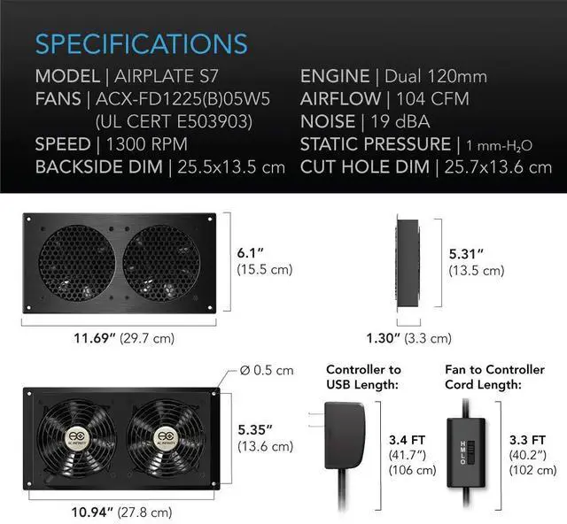 Alt view image 5 of 5 - AC Infinity AIRPLATE S7, Quiet Cooling Fan System 12" with Speed Control, for Home Theater AV Cabinets