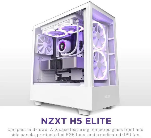 Alt view image 2 of 5 - NZXT H5 Elite Compact ATX Mid-Tower PC Gaming Case  CC-H51EW-01 - Built-in RGB Lighting  Tempered Glass Front and Side Panels  Cable Management  2 x 140mm RGB Fans Included  White