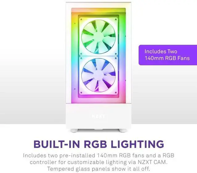 Alt view image 3 of 5 - NZXT H5 Elite Compact ATX Mid-Tower PC Gaming Case  CC-H51EW-01 - Built-in RGB Lighting  Tempered Glass Front and Side Panels  Cable Management  2 x 140mm RGB Fans Included  White