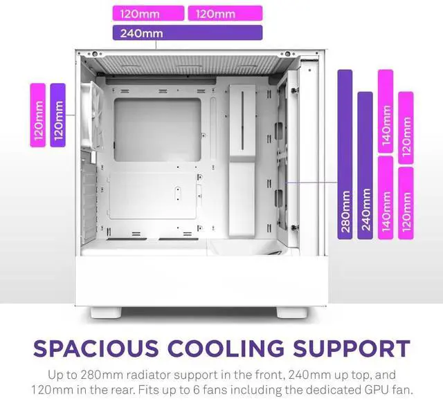 Alt view image 5 of 5 - NZXT H5 Elite Compact ATX Mid-Tower PC Gaming Case  CC-H51EW-01 - Built-in RGB Lighting  Tempered Glass Front and Side Panels  Cable Management  2 x 140mm RGB Fans Included  White