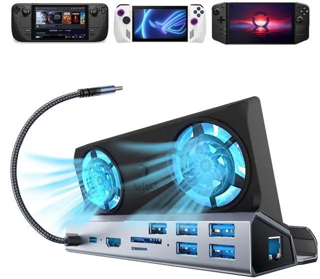 Main image of SHUOMENG 10-in-1 Docking Station for Steam Deck OLED & ROG Ally X & Legion Go, Dual Cooling Fan 5 USB Ports, 4K@60Hz HDMI 2.0, 100W Charging Port Support ROG Ally 30W Mode, Gigabit Ethernet, SD/TF