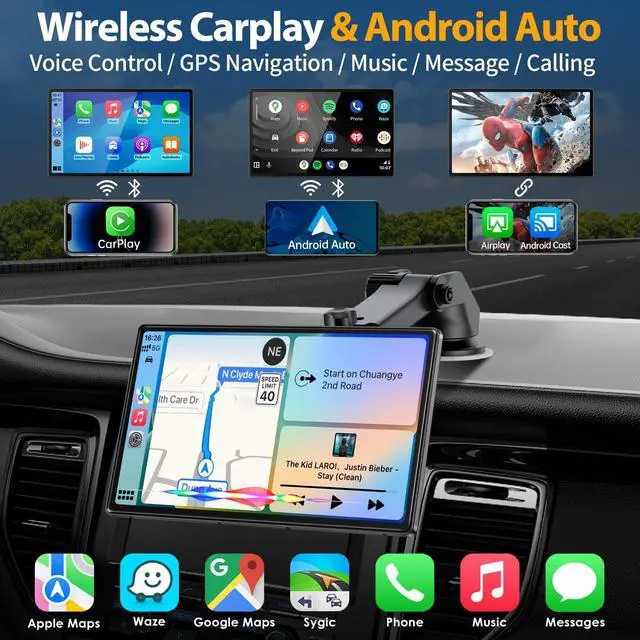 Alt view image 2 of 5 - 9'' Wireless CarPlay Screen for Cars, 4K Dash Cam & 1080p Backup Camera - Apple CarPlay Android Auto GPS Navigation Bluetooth Touchscreen Display - Voice Control Mirror Link Car Accessories