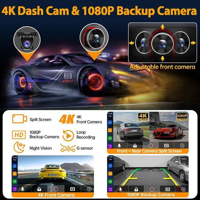 Alt view image 3 of 5 - 9'' Wireless CarPlay Screen for Cars, 4K Dash Cam & 1080p Backup Camera - Apple CarPlay Android Auto GPS Navigation Bluetooth Touchscreen Display - Voice Control Mirror Link Car Accessories