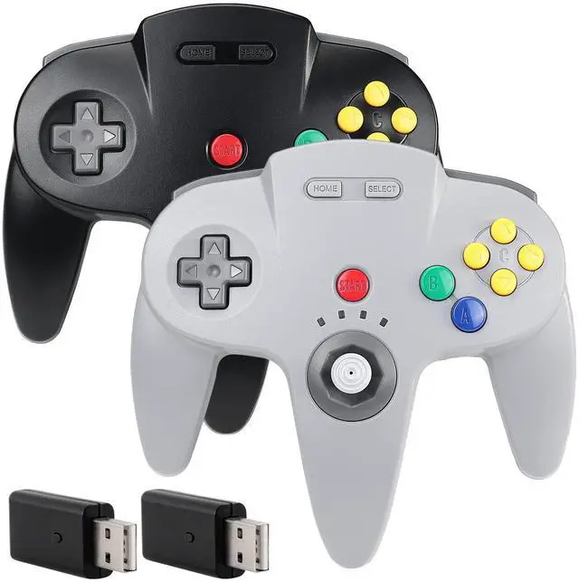 Main image of 2 Pack 2.4 GHz Wireless Switch N64 Controller, w/USB Dongle, Compatible with Windows Laptop PC iOS Mac Linux Raspberry Pi, Switch/NSO - (Rechargeable) (Plug and Play) (Gray/Black)