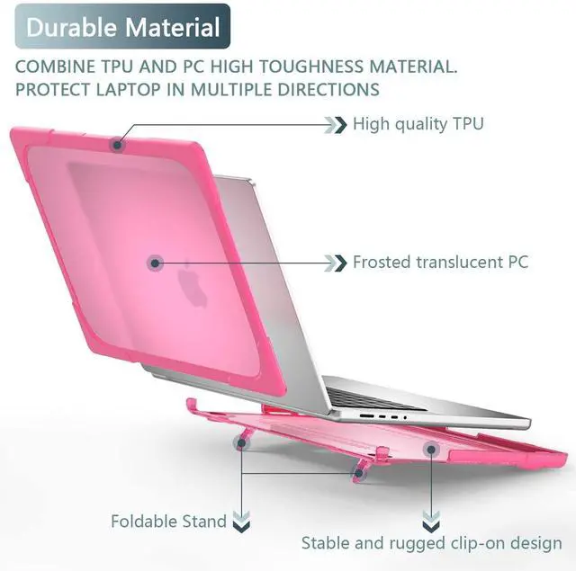 Alt view image 3 of 5 - TWOLSKOO for MacBook Pro 16 Case 2024 2023 2021 M3 A2991 M2 A2780 M1 A2485 Pro Max Chip, Heavy Duty Rugged Shockproof Hard Shell Dual Layer Protective Cover with Fold Kickstand, Pink