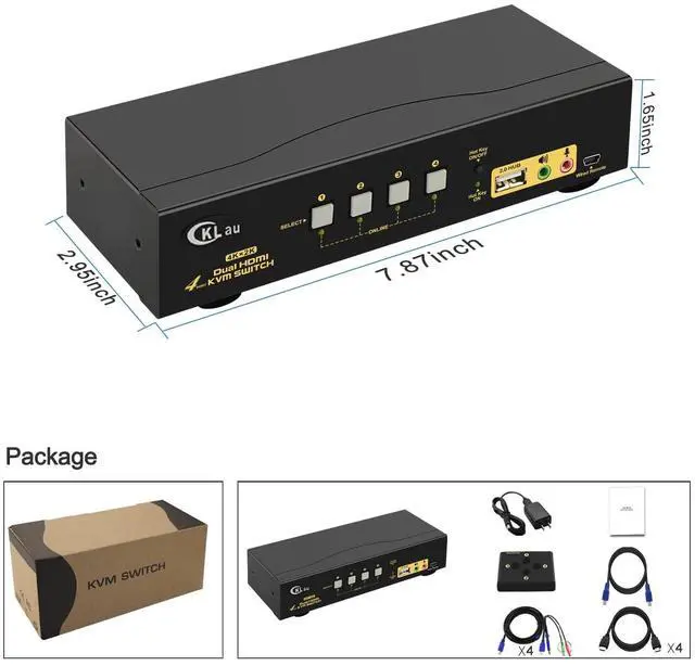 Alt view image 5 of 5 - CKLau 4 Port HDMI KVM Switch Dual Monitor 4K@60Hz with Audio, Cables and 1 USB 2.0 Hub, 4 Computers 2 Monitors Peripheral Sharing Switcher Box