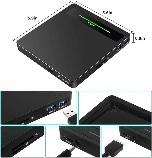 Alt view image 5 of 5 - NOLYTH External Blu Ray Drive, Portable Bluray Burner Blu Ray Player for Laptop with SD TF 2 USB Ports, USB Bluray Drive External Blueray CD DVD Drive for Mac PC Windows Desktop