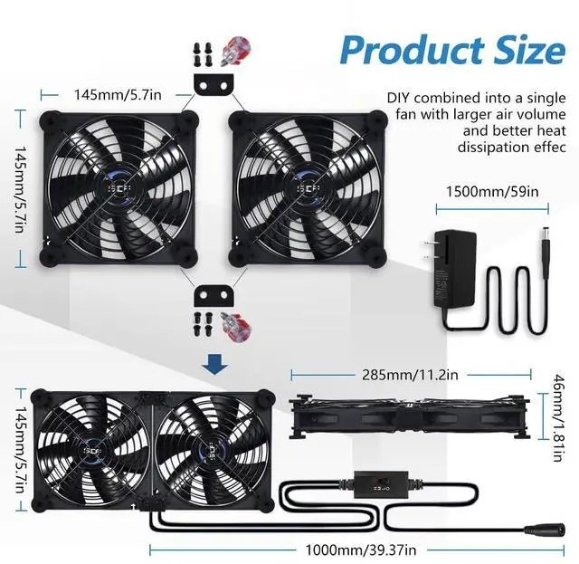 Alt view image 3 of 5 - SCCCF High Airflow Router Cooling Fan for Computer Cooler TV Box Wireless 12V DC Power 140mm 280mm Fan with Multi Speed Controller