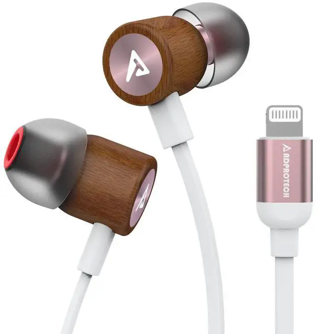 Main image of Lightning Headphones ADPROTECH Wired Earbuds Wood MFi Certified Earphones in-Ear Magnetic Headset with Microphone and Volume Controller Compatible iPhone 14 13 12 11 Pro Max iPhone XS Max XR Rose Gold