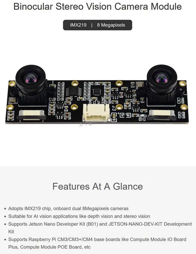 Alt view image 2 of 5 - XYGStudy IMX219-83 Stereo Binocular Camera Sensor Module 3280x2464 8MP AI Depth Stereo Vision Dual IMX219 Supports Raspberry Pi 5 RPi CM3/CM3+ Compute Module POE IO Board/Jetson Nano B01