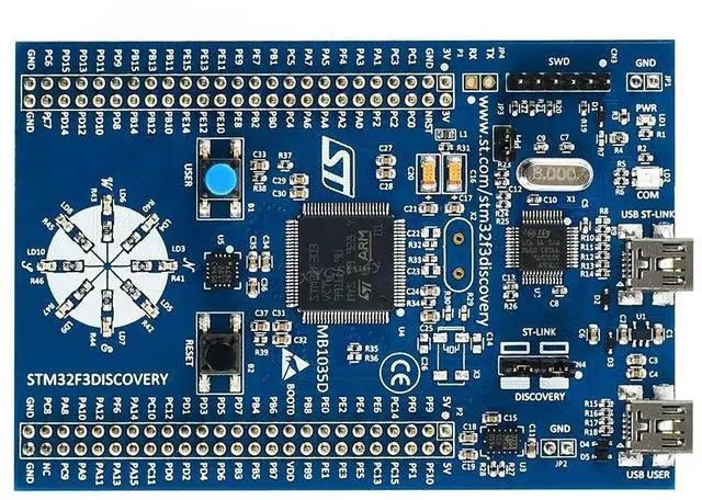 Main image of XYG-ST STM32F3DISCOVERY ST STM32F303VCT6 STM32 F3 ARM Cortex-M4 MCU Discovery Evaluation Development Board kit with USB, ST-LINK/V2 debugger, Accelerometer, Gyroscope, E-compass, LEDs, Pushbuttons