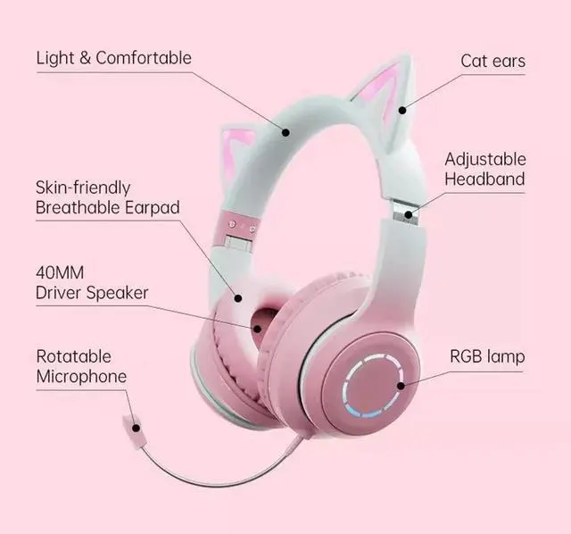 Alt view image 3 of 5 - KUIDAMOS Cat Ear Headphones,Cat Ear Headset with 7 Colors LED Lights Effect and Detachable Microphone Foldable Over Ear Headphones Support BT and Wired Connection,Stereo Sound
