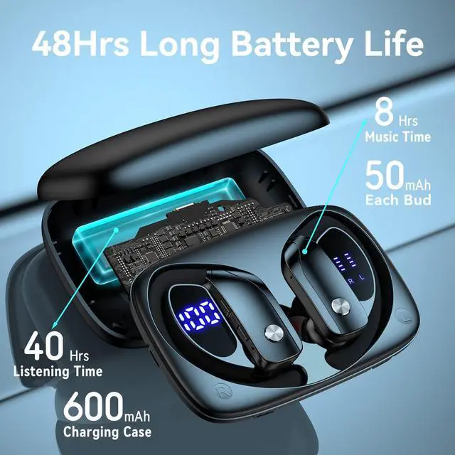 Alt view image 3 of 5 - bmani Wireless Earbuds Bluetooth Headphones 48hrs Play Back Sport Earphones with LED Display Over-Ear Buds with Earhooks Built-in Mic Headset for Workout Black