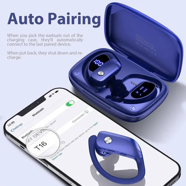 Alt view image 5 of 5 - bmanl Wireless Earbuds Bluetooth Headphones 48hrs Play Back Sport Earphones with LED Display Over-Ear Buds with Earhooks Built-in Mic Headset for Workout Blue