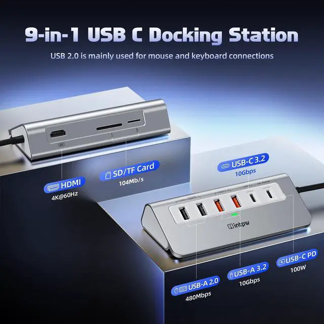 Alt view image 2 of 5 - intpw USB C Hub 10Gbps, 9-in-1 USB 3.2 Hub with 4K@60Hz HDMI, Type-C 3.2, 2 USB-A 3.2, 2 USB-A 2.0, PD 100W, SD/TF Slot, Aluminum USB Hub for Laptop, iPhone 16/15 Series, MacBook Air/Pro and More