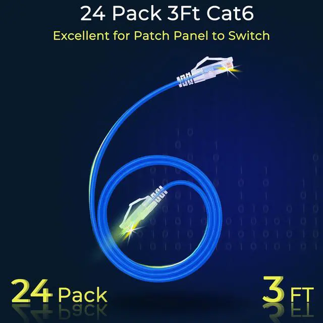 Alt view image 2 of 5 - Rapink Patch Cables Cat6/ Cat6a 3ft (24 Pack) Slim, Cat6a Ethernet Patch Cable 10G Support, Snagless Cat 6 Patch Cable for Patch Panel to Switch, Flexiable Cat6 Ethernet Cable Blue
