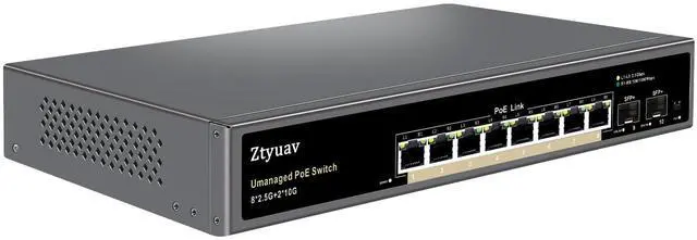 Main image of Ztyuav 10 Port Unmanaged 2.5G PoE Switch with 8 x 2.5G PoE+ Ports @120W, 2 x 10G SFP+, IEEE802.3af/at Compliant, Ports Speed Auto-Negotiation, One-Key VLAN, Plug & Play, Fanless Metal Design