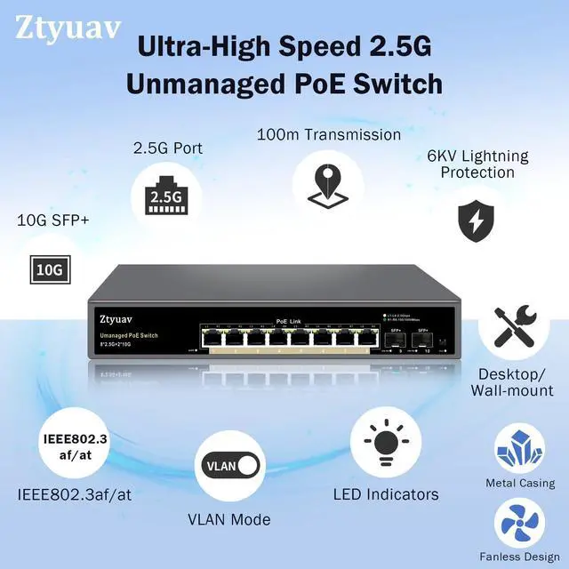 Alt view image 3 of 5 - Ztyuav 10 Port Unmanaged 2.5G PoE Switch with 8 x 2.5G PoE+ Ports @120W, 2 x 10G SFP+, IEEE802.3af/at Compliant, Ports Speed Auto-Negotiation, One-Key VLAN, Plug & Play, Fanless Metal Design