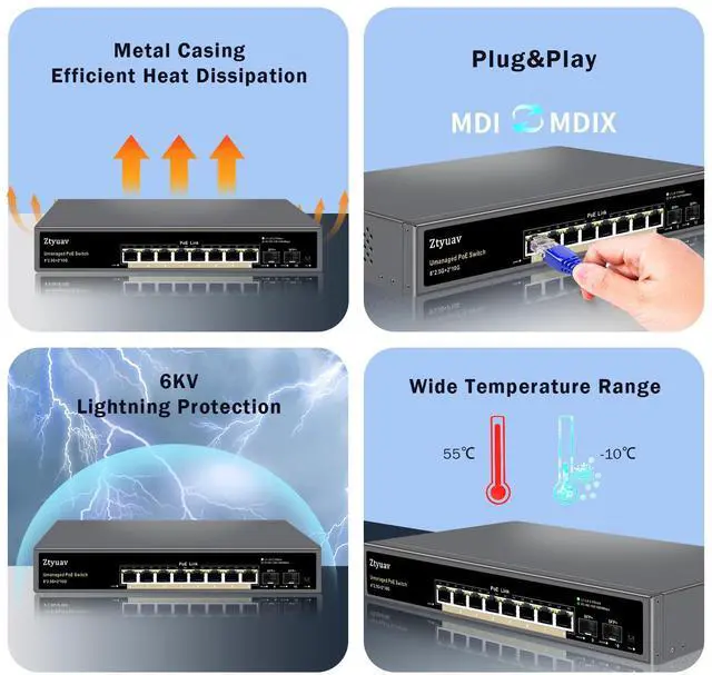Alt view image 5 of 5 - Ztyuav 10 Port Unmanaged 2.5G PoE Switch with 8 x 2.5G PoE+ Ports @120W, 2 x 10G SFP+, IEEE802.3af/at Compliant, Ports Speed Auto-Negotiation, One-Key VLAN, Plug & Play, Fanless Metal Design