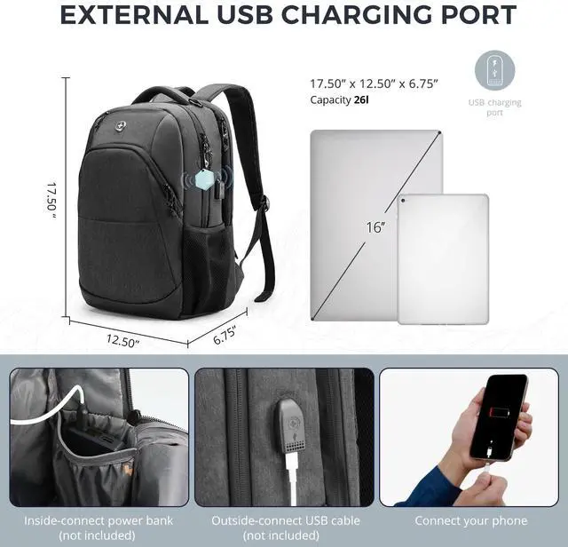 Alt view image 5 of 5 - Swissdigital Design Business Laptop Backpack, College Laptops Backpack with USB Charging Port for Men and Women Fits 16 Inch Notebook, Grey | ANDWIL