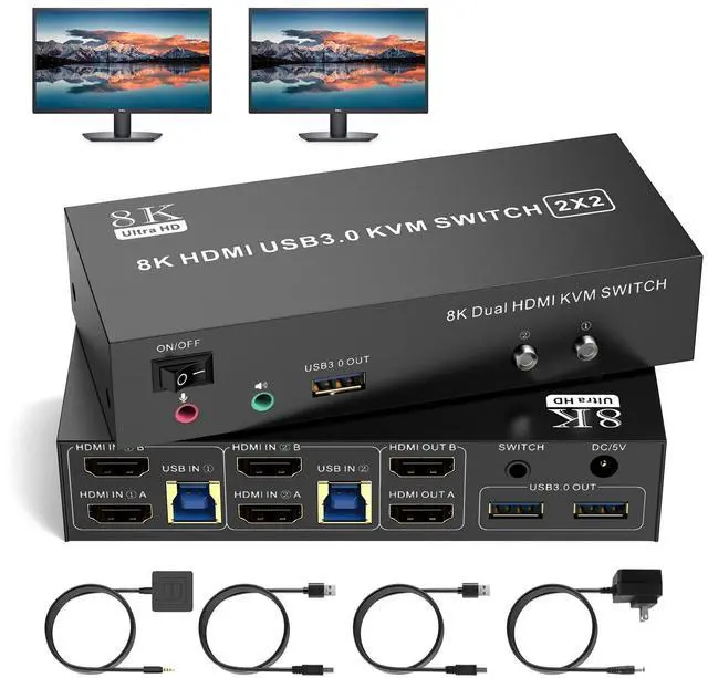 Main image of 8K HDMI KVM Switch 2 Monitors 2 Computers Support 8K@60Hz 4K@60Hz, Dual Monitor KVM Switcher PC Extended Display for 2 Port Share 4 USB 3.0 Keyboard Mouse Hard Drives Printe with Desktop Controller