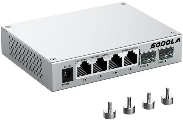 Main image of SODOLA 2.5Gb Switch,4 x 2.5G Base-T Ports, 2 x 10G SFP+, Aluminum Alloy Cooling & Magnetic Mounting,2.5 Gigabit Network Switch Fanless Plug & Play, Unmanaged Multi-Gigabit Switch,Lifetime Protection