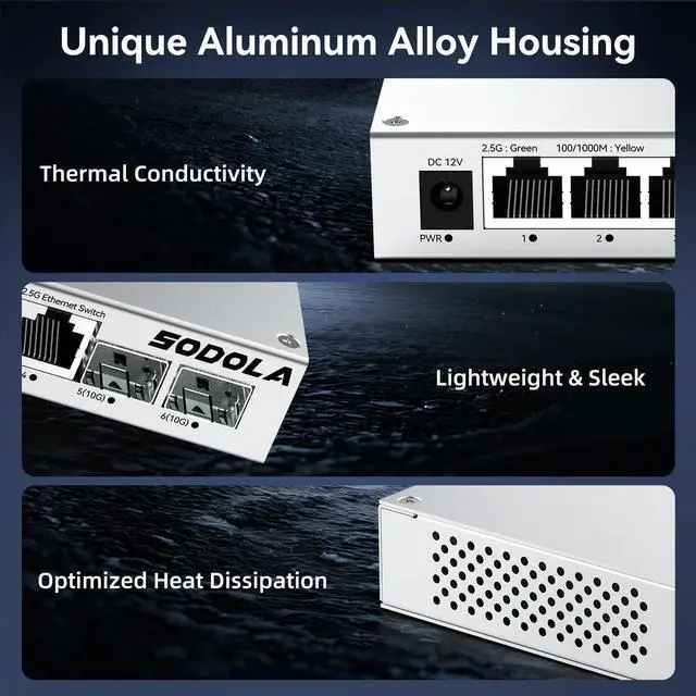 Alt view image 4 of 5 - SODOLA 2.5Gb Switch,4 x 2.5G Base-T Ports, 2 x 10G SFP+, Aluminum Alloy Cooling & Magnetic Mounting,2.5 Gigabit Network Switch Fanless Plug & Play, Unmanaged Multi-Gigabit Switch,Lifetime Protection