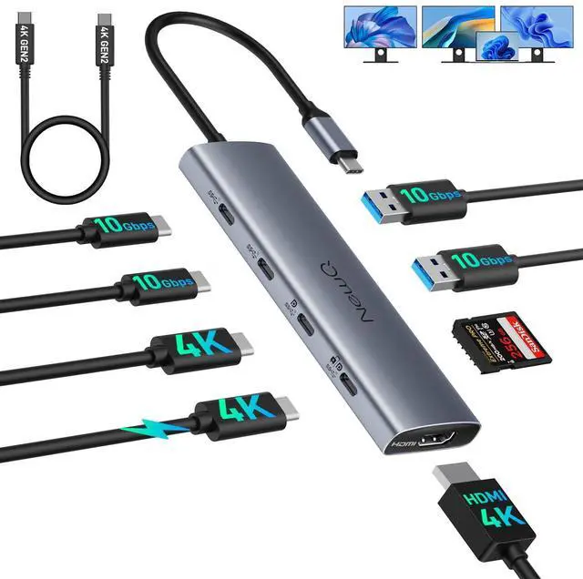 Main image of Versatile USB C Video Hub, 100W PD, DP Alt Dual 4K@30Hz, 10Gbps*6Ports, HDMI, SD4.0, Docking Station 3 Monitors for MacBook, Dell, HP, ASUS, iMac, iPad Pro, Steam Deck, Rog Ally, Legion Go, Samsung